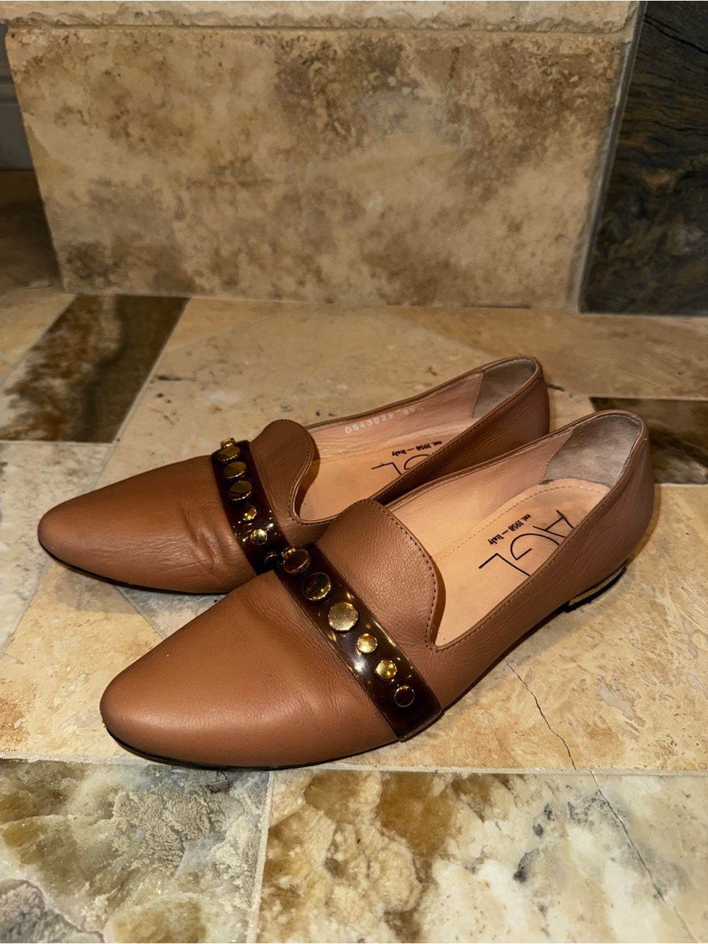 AGL Attilio Giusti Leombruni Leather Pointed Toe Flats 37.5 Tan Embellished Ital